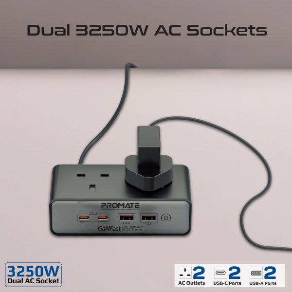 ⁦بروميت PowerBrix2-GaN65 محطة شحن 6 في 1 بتقنية GaNFast™، بقدرة 65 واط، تشمل مقبسين AC بقوة 3250 واط، منفذي USB-C PD حتى 65 واط، منفذ QC 3.0 بقوة 60 واط، ومنفذ USB-A لشحن شامل وآمن⁩ - الصورة ⁦7⁩