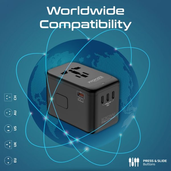 ⁦بروميت TripMate-GaN100 محول شحن عالمي بتقنية GaN بقوة 100 واط، مزود بكابل USB-C قابل للسحب لسهولة الاستخدام أثناء السفر⁩ - الصورة ⁦7⁩