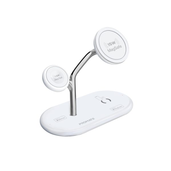 ⁦بروميت Synergy-Pro محطة شحن MagSafe معتمدة من Apple MFi، بقدرة 57 واط: شاحن MagSafe 15 واط، شاحن ساعة أبل 7.5 واط، شاحن Qi 10 واط، ومنفذ USB-C PD بقدرة 24 واط⁩ - الصورة ⁦3⁩