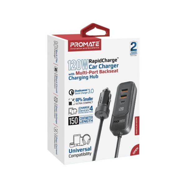 ⁦بروميت GearHub-120W شاحن سيارة 120 واط بمنافذ USB-C وQC 3.0 مزدوجة (30 واط)، شاشة LED، وكابل بطول 1.5 متر لشحن سريع وفعال⁩ - الصورة ⁦7⁩