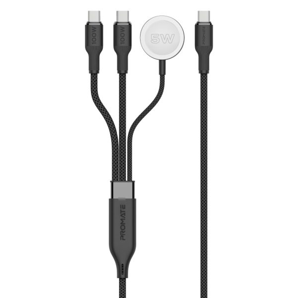 بروميت Fusion-CCW كابل USB-C فائق السرعة بقوة 100 واط، بمنفذي USB-C وشاحن ساعة أبل، سرعة نقل 480Mbps، تصميم مضفر متين بطول 140 سم – أداء وقوة في كابل واحد