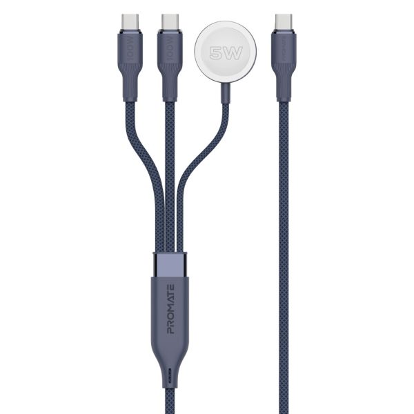 ⁦بروميت Fusion-CCW كابل USB-C فائق السرعة بقوة 100 واط، بمنفذي USB-C وشاحن ساعة أبل، سرعة نقل 480Mbps، تصميم مضفر متين بطول 140 سم – أداء وقوة في كابل واحد⁩ - الصورة ⁦5⁩