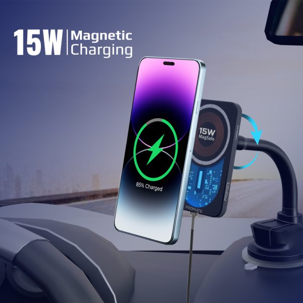 ⁦بروميت LucidMount-15 شاحن لاسلكي للسيارة بقوة 15 واط، قابل للتثبيت على فتحة المكيف أو الزجاج بحامل مرن⁩ - الصورة ⁦4⁩