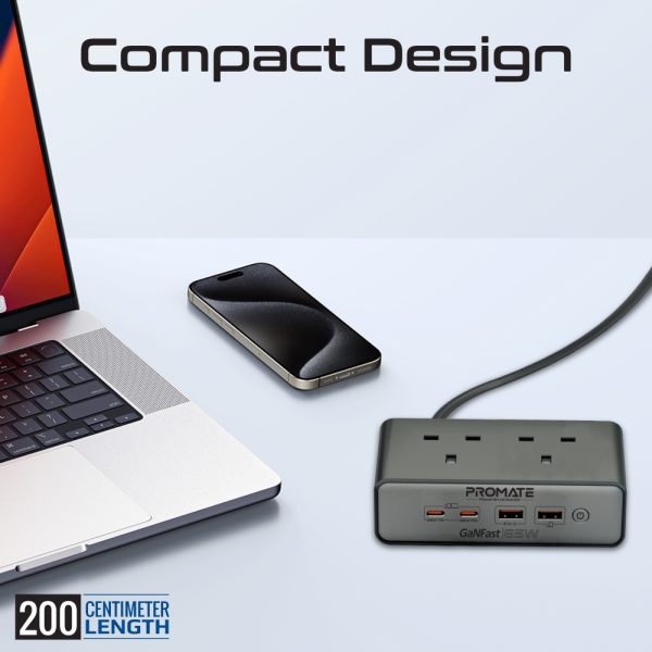 ⁦بروميت PowerBrix2-GaN65 محطة شحن 6 في 1 بتقنية GaNFast™، بقدرة 65 واط، تشمل مقبسين AC بقوة 3250 واط، منفذي USB-C PD حتى 65 واط، منفذ QC 3.0 بقوة 60 واط، ومنفذ USB-A لشحن شامل وآمن⁩ - الصورة ⁦8⁩