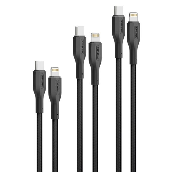 بروميت CableKit-Ci مجموعة كيابل USB-C إلى لايتنينغ بقدرة 27 واط، بأطوال متعددة، مقاومة للتشابك وتتحمل أكثر من 25000 انحناءة