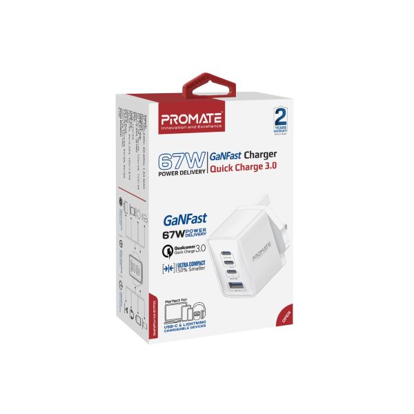 ⁦بروميت GaNPort4-67PD شاحن جداري فائق السرعة بتقنية GaN بقدرة 67 واط، بمنفذ USB-C 20 واط، QC 3.0 بقوة 22.5 واط، مع حماية متقدمة لأجهزة اللابتوب والهواتف الذكية⁩ - الصورة ⁦6⁩