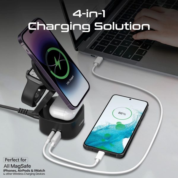 بروميت Rubix-65W محطة شحن MagSafe بقوة 65 واط، تدعم شحن لاسلكي 15 واط للأيربودز، شحن سريع لساعة أبل، منفذ USB-C 45 واط، ومنفذ USB-A QC3.0 بقدرة 45 واط