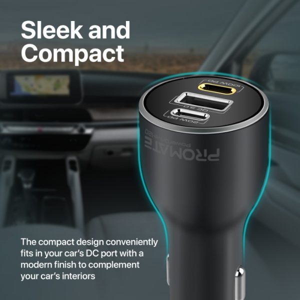 ⁦بروميت PowerDrive-120 شاحن سيارة 120 واط بمنفذي USB-C (100 و20 واط) ومنفذ USB QC 3.0 بقدرة 18 واط، مع حماية من الشحن الزائد⁩ - الصورة ⁦6⁩