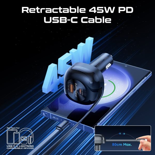 ⁦بروميت PowerDrive-RC65 شاحن سيارة 62 واط بمنفذ USB-C وكابل قابل للسحب 45 واط بطول 80 سم، تصميم مدمج وصغير الحجم⁩ - الصورة ⁦3⁩
