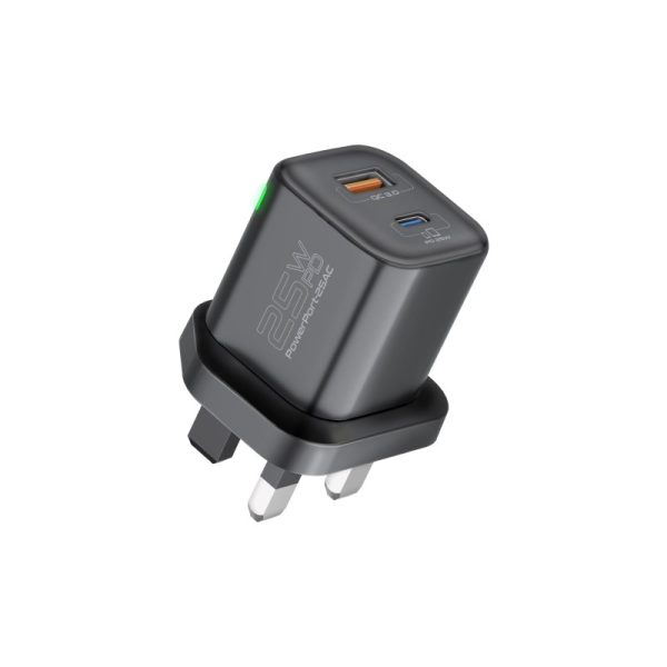 ⁦بروميت PowerPort-25AC شاحن جداري بقدرة 25 واط، بمنفذ USB-C PD ومنفذ QC 3.0 بقوة 18 واط، مع حماية من زيادة التيار وتنظيم جهد تلقائي لشحن آمن وسريع⁩ - الصورة ⁦2⁩