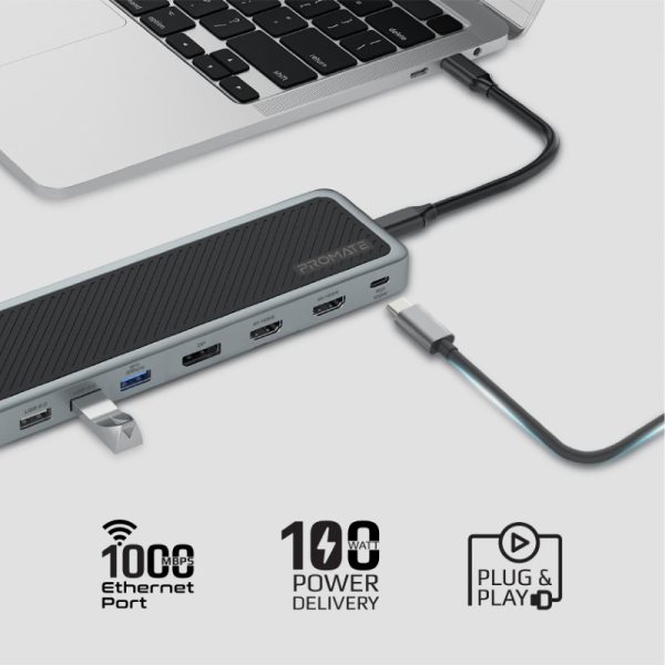 ⁦بروميت ApexHub-MST موزع 13 في 1 بمنفذي HDMI وDisplayPort بدقة 4K، شبكة LAN، USB-C PD 100 واط، AUX، قارئ SD/TF، ومنافذ USB 3.0/2.0 لتوصيل شامل وفعال⁩ - الصورة ⁦5⁩