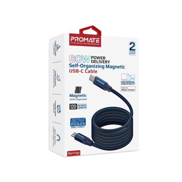 ⁦بروميت Springy كابل USB-C مغناطيسي ذاتي التنظيم، يدعم الشحن السريع بقوة 60 واط ونقل البيانات، بطول 1.2 متر لراحة وتنظيم مثالي⁩ - الصورة ⁦10⁩