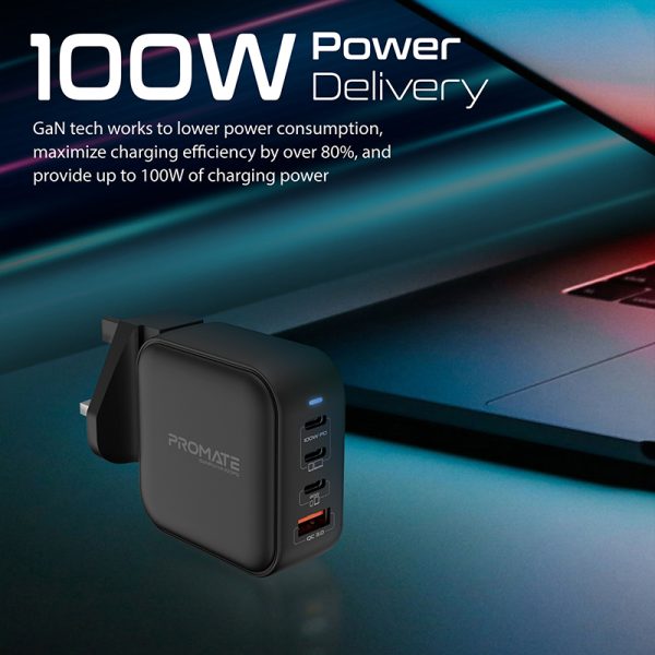 ⁦بروميت GaNPort4-100PD شاحن GaNFast عالمي بقدرة 100 واط، يشحن حتى 4 أجهزة معًا، مزوّد بتقنية QC 3.0 ورؤوس جدارية قابلة للتبديل للاستخدام في جميع أنحاء العالم⁩ - الصورة ⁦7⁩