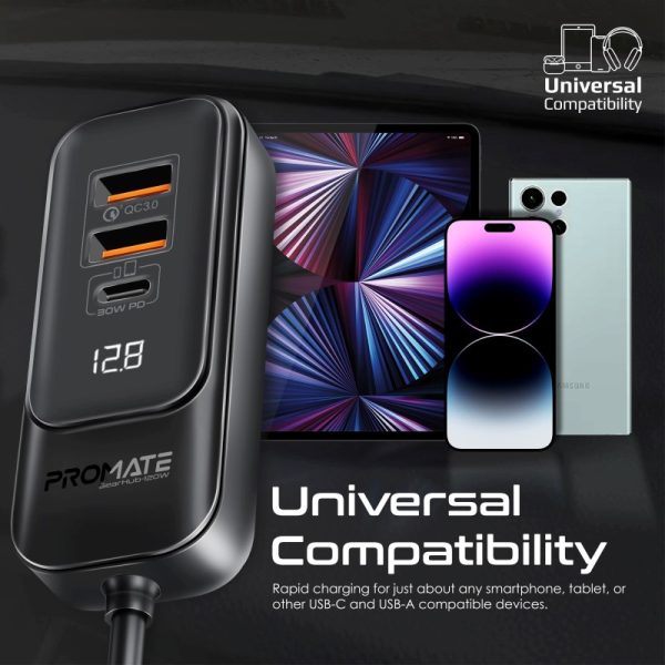 ⁦بروميت GearHub-120W شاحن سيارة 120 واط بمنافذ USB-C وQC 3.0 مزدوجة (30 واط)، شاشة LED، وكابل بطول 1.5 متر لشحن سريع وفعال⁩ - الصورة ⁦8⁩