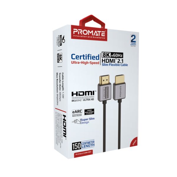 ⁦بروميت PrimeLink8K-150 كابل HDMI 2.1 نحيف بدقة 8K@60Hz، HDR ديناميكي، وموصلات مضادة للتآكل، بطول 1.5 متر⁩ - الصورة ⁦5⁩