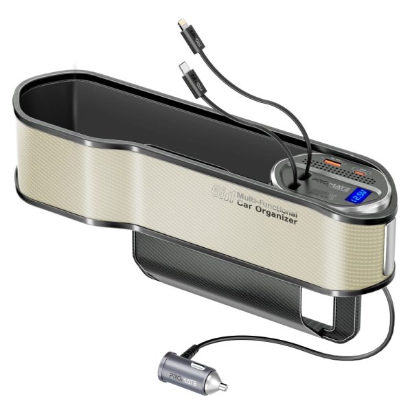 بروميت CarMate-RPD منظم سيارة مع شحن 65 واط، كابل USB-C 30 واط، لايتنينغ 20 واط، منافذ USB-C وUSB-A، شاشة LED، ونظام حماية مدمج