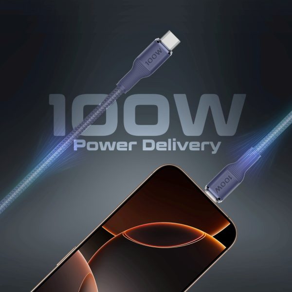 ⁦بروميت Fusion-CCW كابل USB-C فائق السرعة بقوة 100 واط، بمنفذي USB-C وشاحن ساعة أبل، سرعة نقل 480Mbps، تصميم مضفر متين بطول 140 سم – أداء وقوة في كابل واحد⁩ - الصورة ⁦6⁩