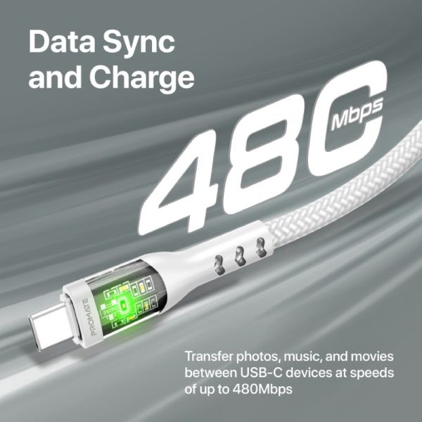 ⁦بروميت TransLine-CC كابل USB-C فائق السرعة بقدرة 60 واط، بطول 1.2 متر، رأس شفاف مطلي بالذهب مع إضاءة LED، ومقاوم للانحناء حتى 25000 مرة⁩ - الصورة ⁦8⁩
