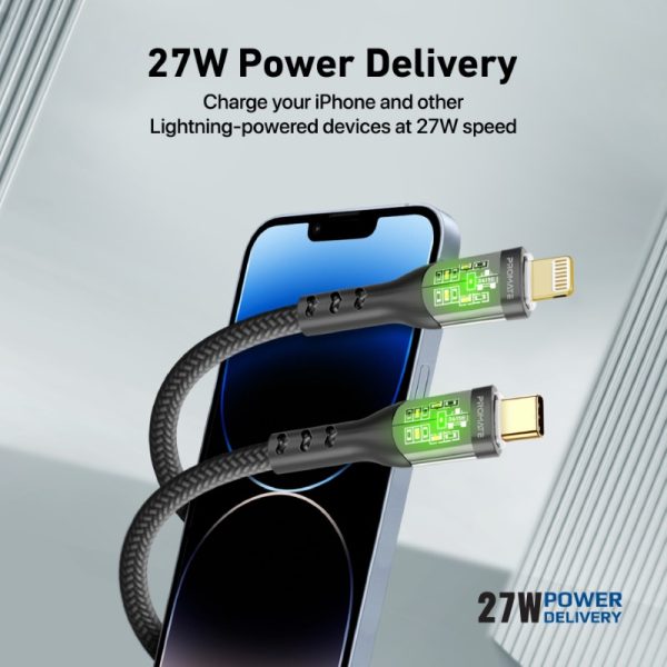 ⁦بروميت TransLine-Ci كابل USB-C إلى لايتنينغ بقوة 27 واط، بطول 1.2 متر، مقاوم للانحناء حتى 25000 مرة، رأس شفاف مطلي بالذهب مع إضاءة LED⁩ - الصورة ⁦4⁩