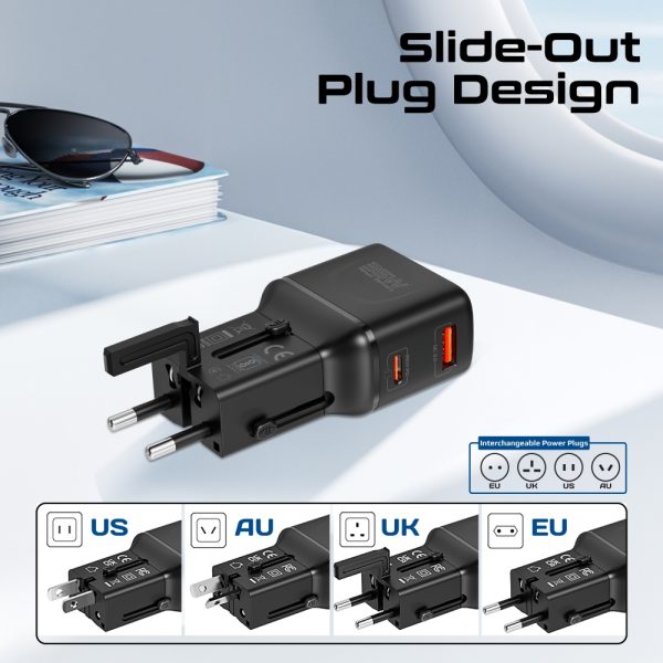 ⁦بروميت TriPlug-PD35 محول سفر عالمي متعدد المنافذ (US/UK/EU/AU)، بمنفذ USB-C 35 واط وQC 18 واط، تصميم مدمج، ومزود بحماية من الجهد والحرارة الزائدة، مثالي للسفر الدولي⁩ - الصورة ⁦5⁩
