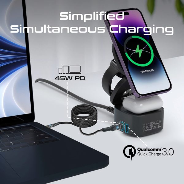 ⁦بروميت Rubix-65W محطة شحن MagSafe بقوة 65 واط، تدعم شحن لاسلكي 15 واط للأيربودز، شحن سريع لساعة أبل، منفذ USB-C 45 واط، ومنفذ USB-A QC3.0 بقدرة 45 واط⁩ - الصورة ⁦8⁩