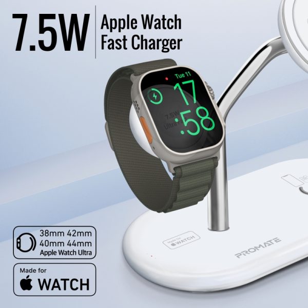 ⁦بروميت Synergy-Pro محطة شحن MagSafe معتمدة من Apple MFi، بقدرة 57 واط: شاحن MagSafe 15 واط، شاحن ساعة أبل 7.5 واط، شاحن Qi 10 واط، ومنفذ USB-C PD بقدرة 24 واط⁩ - الصورة ⁦7⁩