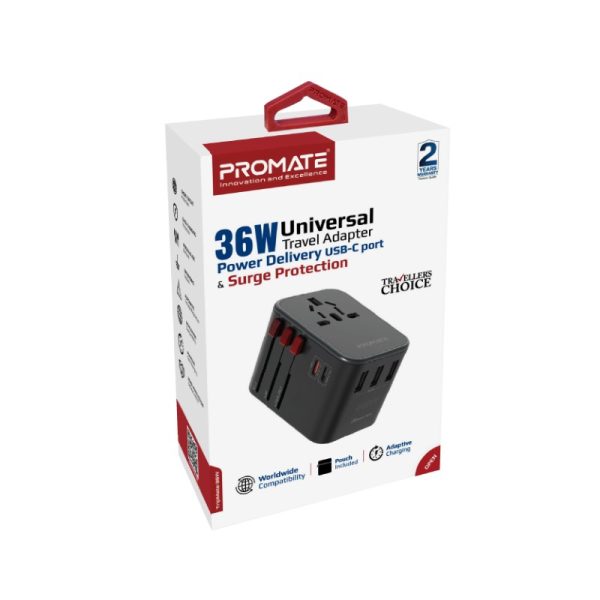 ⁦بروميت TripMate-36W محول سفر عالمي بقدرة 36 واط، مزود بمنفذي USB-C (20 واط + 15 واط) و3 منافذ USB ذكية، مع حماية من زيادة التيار بقوة 8 أمبير⁩ - الصورة ⁦4⁩
