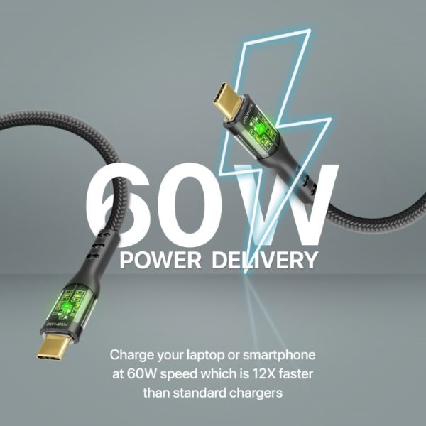 ⁦بروميت TransLine-CC كابل USB-C فائق السرعة بقدرة 60 واط، بطول 1.2 متر، رأس شفاف مطلي بالذهب مع إضاءة LED، ومقاوم للانحناء حتى 25000 مرة⁩ - الصورة ⁦2⁩