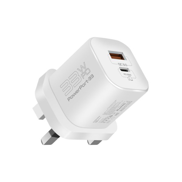 بروميت PowerPort-33 شاحن جداري مدمج بتقنية GaNFast، بقدرة 33 واط، مزود بمنفذي USB-C وUSB-A لشحن سريع وفعال للأجهزة المتعددة