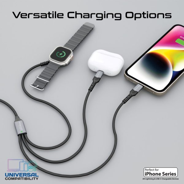 بروميت iCharge-Trio كابل 5 في 1 بقدرة 60 واط، يضم USB-C فائق السرعة، شاحن لايتنينغ 27 واط، شاحن ساعة أبل 2.5 واط، بطول 1.5 متر لشحن ونقل بيانات بكفاءة عالية