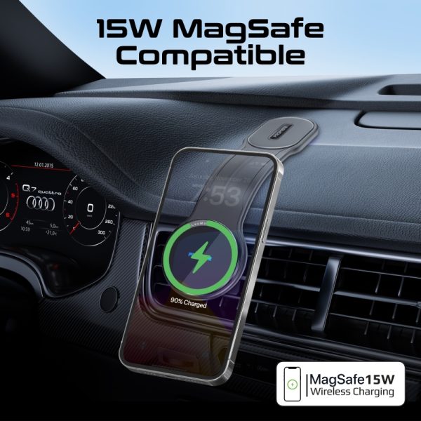 ⁦بروميت LaxMount-15W شاحن سيارة لاسلكي MagSafe بقوة 15 واط، بذراع مرن ومغناطيس قوي، دوران 360° وحماية من الشحن الزائد⁩ - الصورة ⁦3⁩