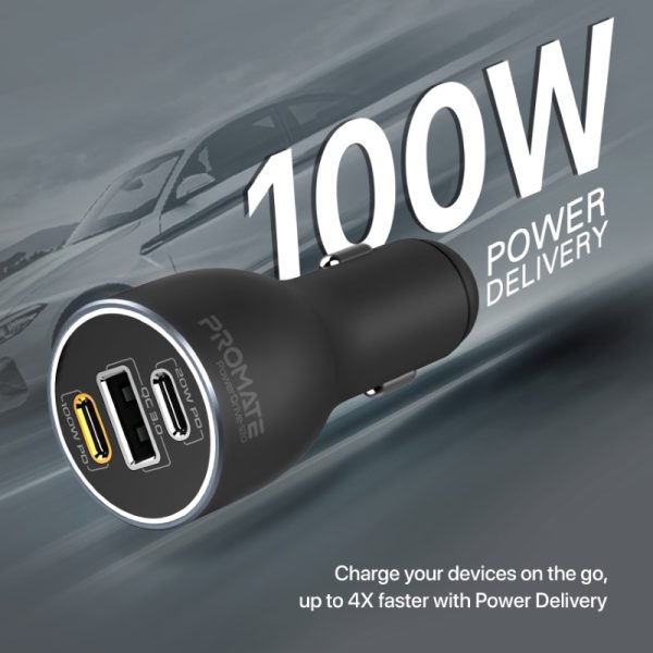 ⁦بروميت PowerDrive-120 شاحن سيارة 120 واط بمنفذي USB-C (100 و20 واط) ومنفذ USB QC 3.0 بقدرة 18 واط، مع حماية من الشحن الزائد⁩ - الصورة ⁦4⁩