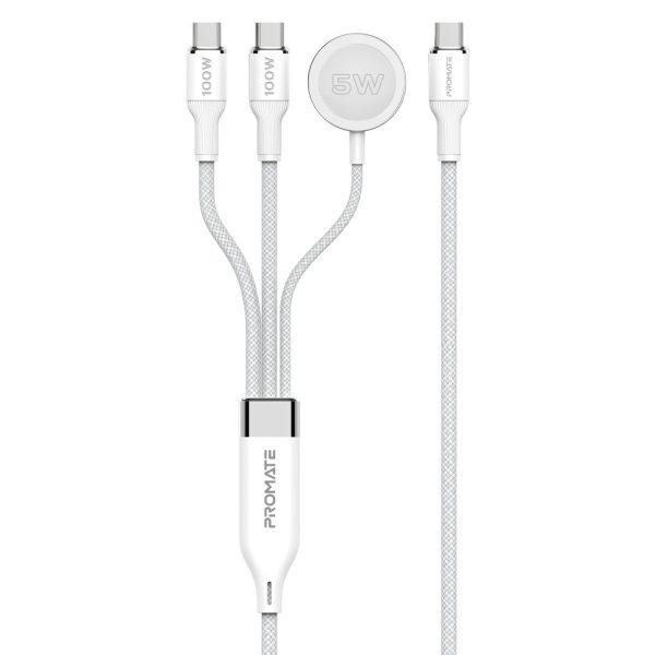 ⁦بروميت Fusion-CCW كابل USB-C فائق السرعة بقوة 100 واط، بمنفذي USB-C وشاحن ساعة أبل، سرعة نقل 480Mbps، تصميم مضفر متين بطول 140 سم – أداء وقوة في كابل واحد⁩ - الصورة ⁦8⁩