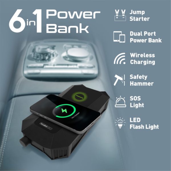 ⁦بروميت HexaBolt-20 مشترك سيارة ببطارية 19200mAh، قوة 1500A، شاحن لاسلكي، مطرقة طوارئ، ضوء LED، ومشابك ذكية للتشغيل الآمن⁩ - الصورة ⁦4⁩