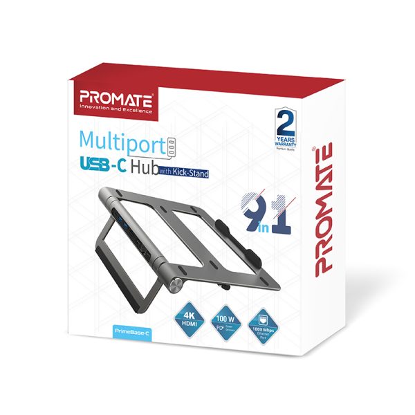 ⁦بروميت PrimeBase-C حامل لابتوب من الألمنيوم مع موزع USB-C 9 في 1، HDMI 4K، LAN، USB، وفتحات SD/TF بقدرة طاقة 100 واط⁩ - الصورة ⁦4⁩