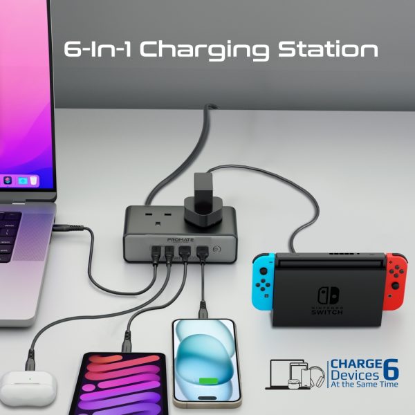 ⁦بروميت PowerBrix2-GaN65 محطة شحن 6 في 1 بتقنية GaNFast™، بقدرة 65 واط، تشمل مقبسين AC بقوة 3250 واط، منفذي USB-C PD حتى 65 واط، منفذ QC 3.0 بقوة 60 واط، ومنفذ USB-A لشحن شامل وآمن⁩ - الصورة ⁦3⁩