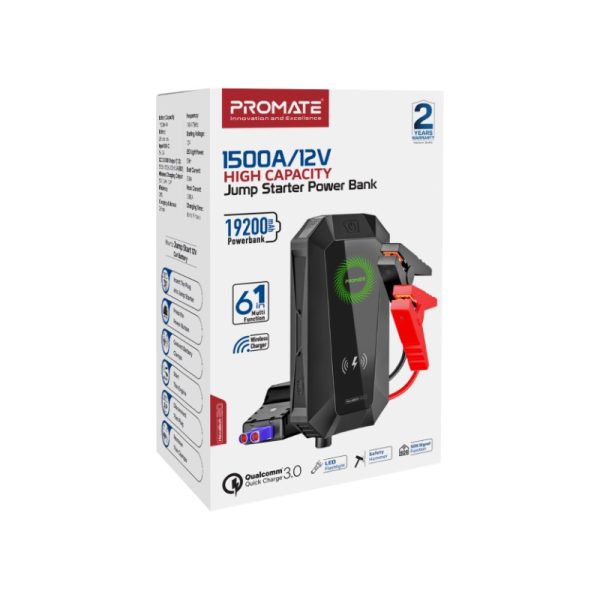 ⁦بروميت HexaBolt-20 مشترك سيارة ببطارية 19200mAh، قوة 1500A، شاحن لاسلكي، مطرقة طوارئ، ضوء LED، ومشابك ذكية للتشغيل الآمن⁩ - الصورة ⁦2⁩