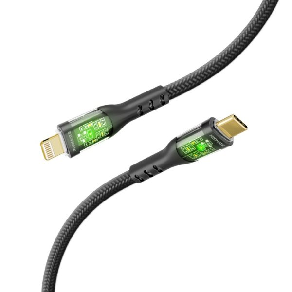 ⁦بروميت TransLine-Ci كابل USB-C إلى لايتنينغ بقوة 27 واط، بطول 1.2 متر، مقاوم للانحناء حتى 25000 مرة، رأس شفاف مطلي بالذهب مع إضاءة LED⁩ - الصورة ⁦2⁩
