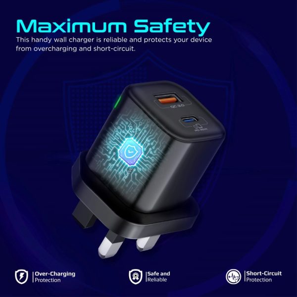 ⁦بروميت PowerPort-25AC شاحن جداري بقدرة 25 واط، بمنفذ USB-C PD ومنفذ QC 3.0 بقوة 18 واط، مع حماية من زيادة التيار وتنظيم جهد تلقائي لشحن آمن وسريع⁩ - الصورة ⁦6⁩