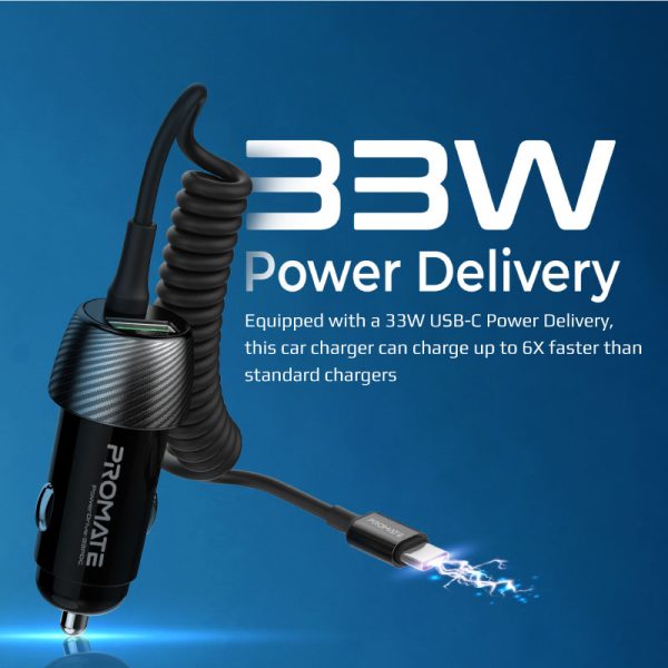 ⁦بروميت PowerDrive-33PDC شاحن سيارة 33 واط بمنفذ USB-C PD، كابل USB-C مدمج، ومنفذ USB بتقنية QC 3.0 لشحن سريع وفعال أثناء القيادة⁩ - الصورة ⁦3⁩