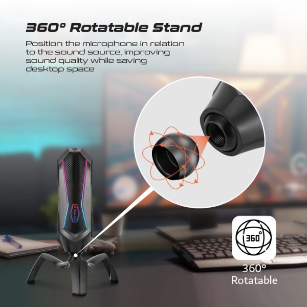 ⁦بروميت Marshal ميكروفون ألعاب USB عالي الحساسية بإضاءة RGB، تحكم باللمس، وزر كتم، وحامل دوار 360° للبث والتدوين والألعاب⁩ - الصورة ⁦6⁩