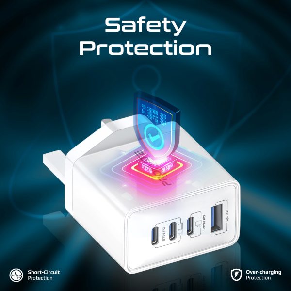 ⁦بروميت GaNPort4-67PD شاحن جداري فائق السرعة بتقنية GaN بقدرة 67 واط، بمنفذ USB-C 20 واط، QC 3.0 بقوة 22.5 واط، مع حماية متقدمة لأجهزة اللابتوب والهواتف الذكية⁩ - الصورة ⁦7⁩