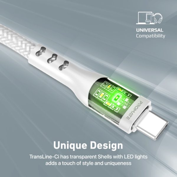 ⁦بروميت TransLine-Ci كابل USB-C إلى لايتنينغ بقوة 27 واط، بطول 1.2 متر، مقاوم للانحناء حتى 25000 مرة، رأس شفاف مطلي بالذهب مع إضاءة LED⁩ - الصورة ⁦5⁩