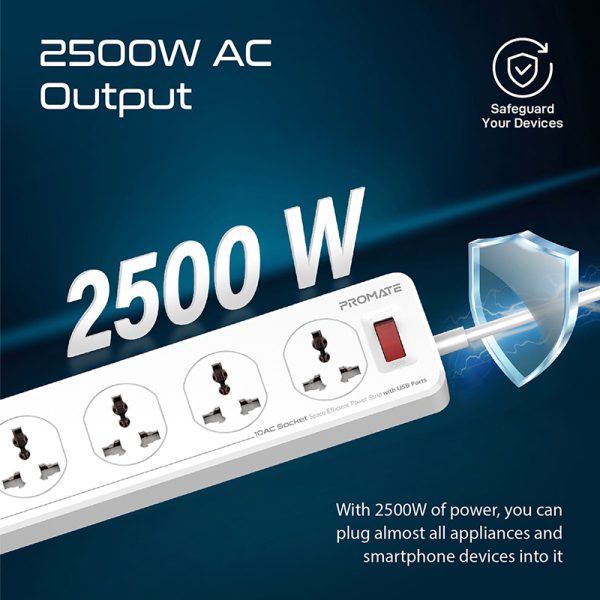 ⁦بروميت PowerMatrix-5M موزع طاقة 16 في 1 بـ10 مقابس AC، 4 منافذ USB ذكية، أغطية أمان منزلقة، وكابل بطول 5 أمتار لحماية شاملة وتوزيع طاقة آمن⁩ - الصورة ⁦5⁩