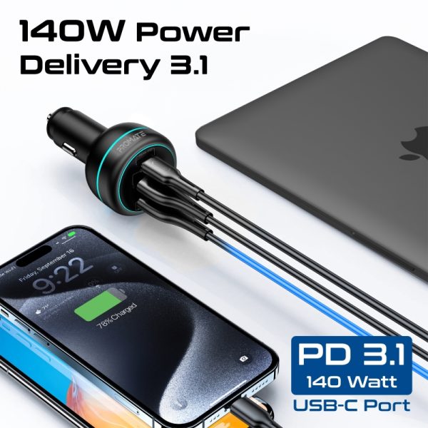 ⁦بروميت PowerDrive-230 شاحن سيارة فائق السرعة 230 واط، بمنفذ USB-C 140 واط، منافذ C وUSB-A بقدرة 45 واط، مع حماية من الحرارة والشحن الزائد⁩ - الصورة ⁦3⁩