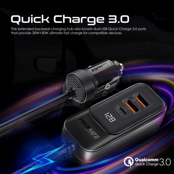 ⁦بروميت GearHub-120W شاحن سيارة 120 واط بمنافذ USB-C وQC 3.0 مزدوجة (30 واط)، شاشة LED، وكابل بطول 1.5 متر لشحن سريع وفعال⁩ - الصورة ⁦9⁩