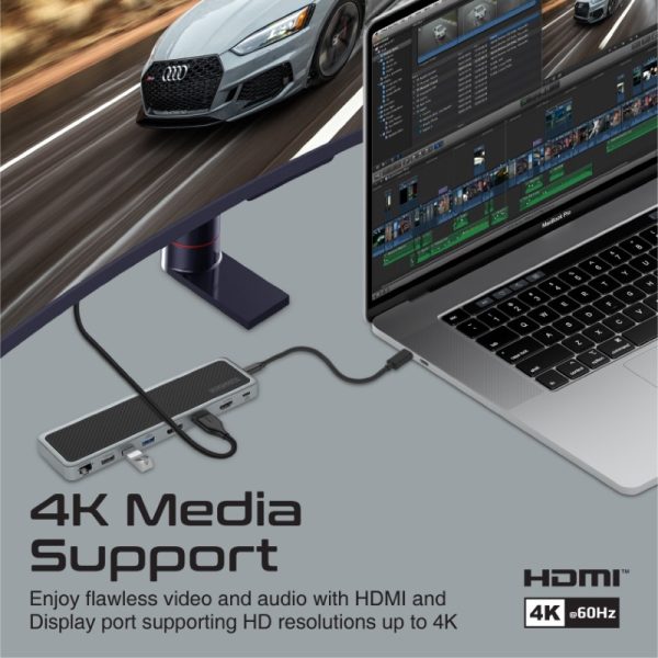 ⁦بروميت ApexHub-MST موزع 13 في 1 بمنفذي HDMI وDisplayPort بدقة 4K، شبكة LAN، USB-C PD 100 واط، AUX، قارئ SD/TF، ومنافذ USB 3.0/2.0 لتوصيل شامل وفعال⁩ - الصورة ⁦7⁩