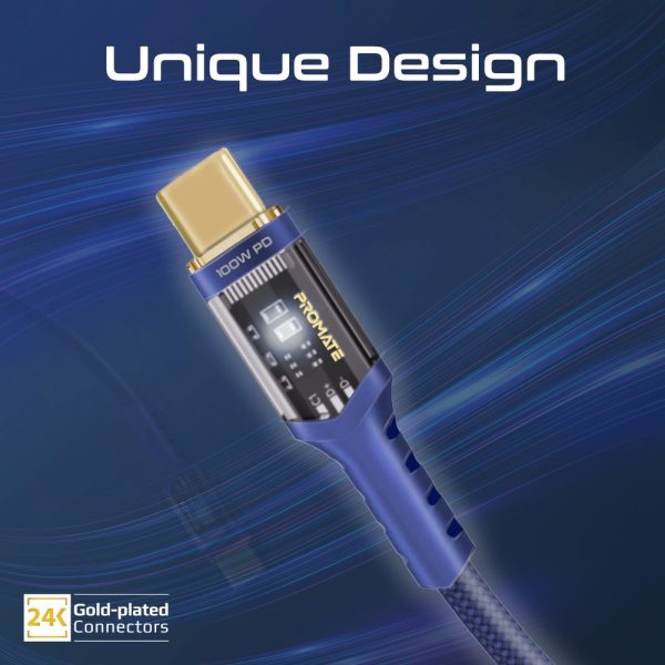 ⁦بروميت LucidLine-CC200 كابل USB-C بطول 2 متر، شحن سريع بقوة 100 واط، رؤوس شفافة مع ضوء LED، رأس مطلي بالذهب، ومتين لتحمل أكثر من 25000 انحناءة⁩ - الصورة ⁦6⁩