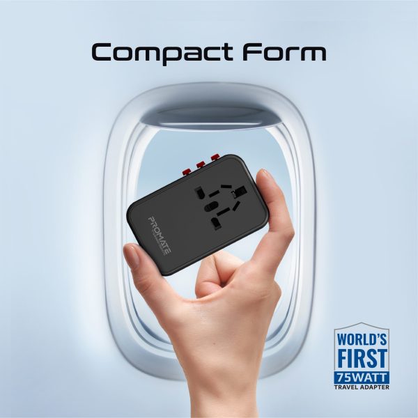 ⁦بروميت TripMate-GaN75 شاحن سفر عالمي بتقنية GaNFast™، قدرة 75 واط، 3 منافذ USB-C، منفذي QC 3.0 بقوة 30 واط، ومقابس مدمجة بتصميم أنيق وعصري⁩ - الصورة ⁦5⁩