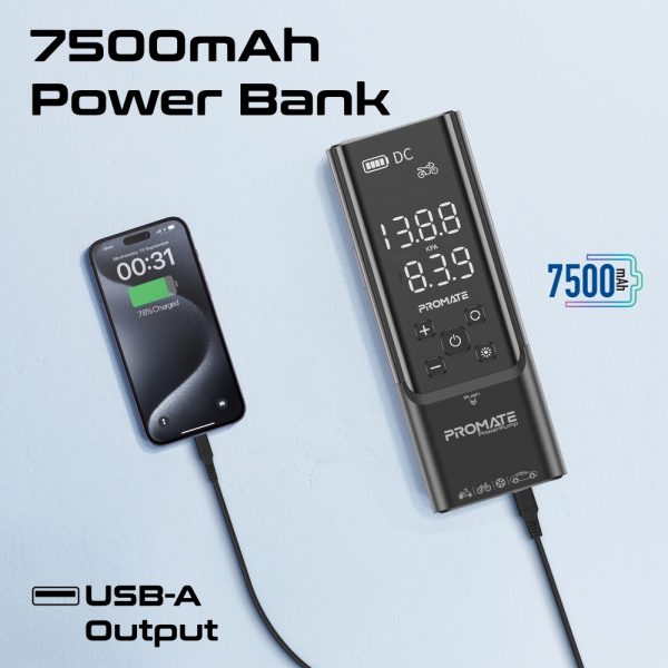 ⁦بروميت PowerPump ضاغط هواء محمول ببطارية 7500mAh، ضغط حتى 150 PSI، ضوء LED، SOS، ومنفذ USB-A مع نظام مراقبة ضغط الإطارات⁩ - الصورة ⁦8⁩